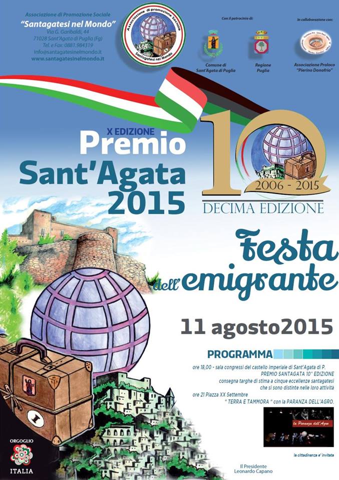 A SANT’AGATA DI PUGLIA LA DECIMA EDIZIONE DELLA FESTA DELL’EMIGRANTE – 11 Agosto